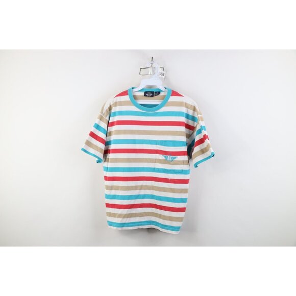 Vtg 90s Streetwear Womens Medium Striped Color Block Pocket T-Shirt Cotton USA - Picture 1 of 12